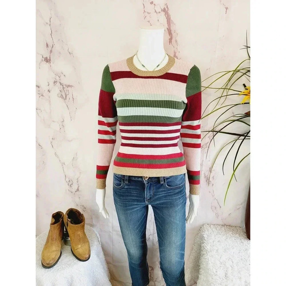 Parker Long Sleeve Crew Neck Ribbed Striped Sweater Small - Picture 2 of 6